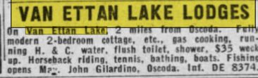 Van Ettan Lake Lodge (Van Etten Lake Lodge) - Sept 1947 Ad